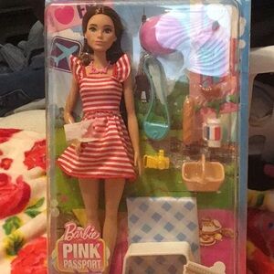 Barbie Pink Passport Doll with Red Striped Dress & Accessories